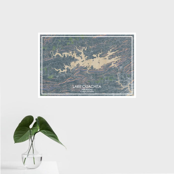16x24 Lake Ouachita Arkansas Map Print Landscape Orientation in Afternoon Style With Tropical Plant Leaves in Water