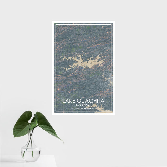 16x24 Lake Ouachita Arkansas Map Print Portrait Orientation in Afternoon Style With Tropical Plant Leaves in Water