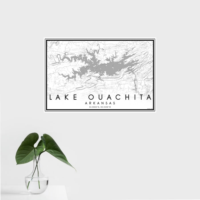 16x24 Lake Ouachita Arkansas Map Print Landscape Orientation in Classic Style With Tropical Plant Leaves in Water