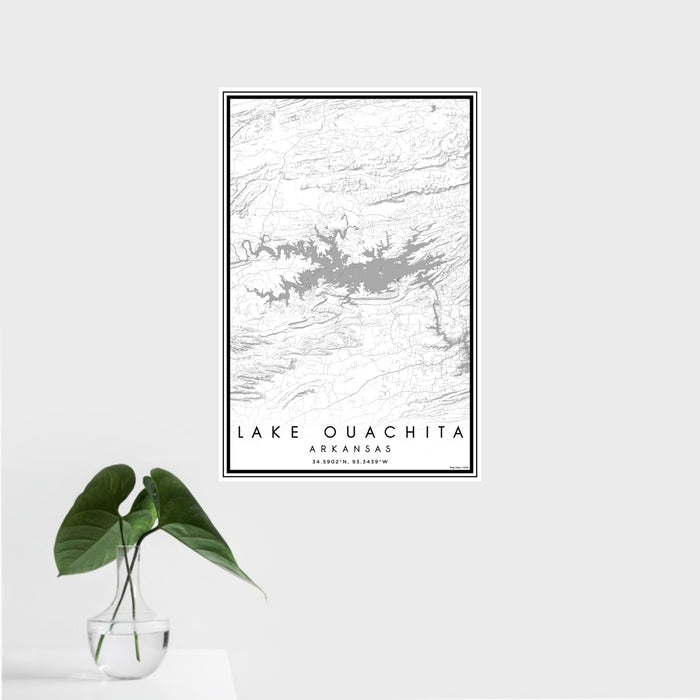 16x24 Lake Ouachita Arkansas Map Print Portrait Orientation in Classic Style With Tropical Plant Leaves in Water
