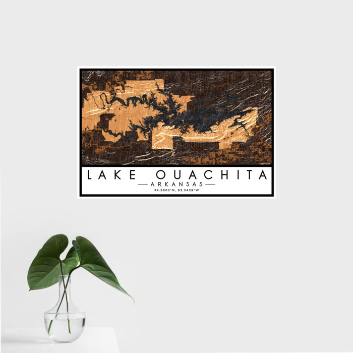 16x24 Lake Ouachita Arkansas Map Print Landscape Orientation in Ember Style With Tropical Plant Leaves in Water
