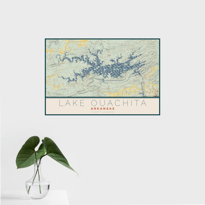 16x24 Lake Ouachita Arkansas Map Print Landscape Orientation in Woodblock Style With Tropical Plant Leaves in Water