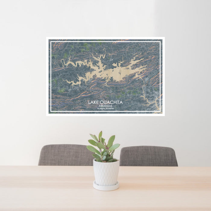 24x36 Lake Ouachita Arkansas Map Print Lanscape Orientation in Afternoon Style Behind 2 Chairs Table and Potted Plant