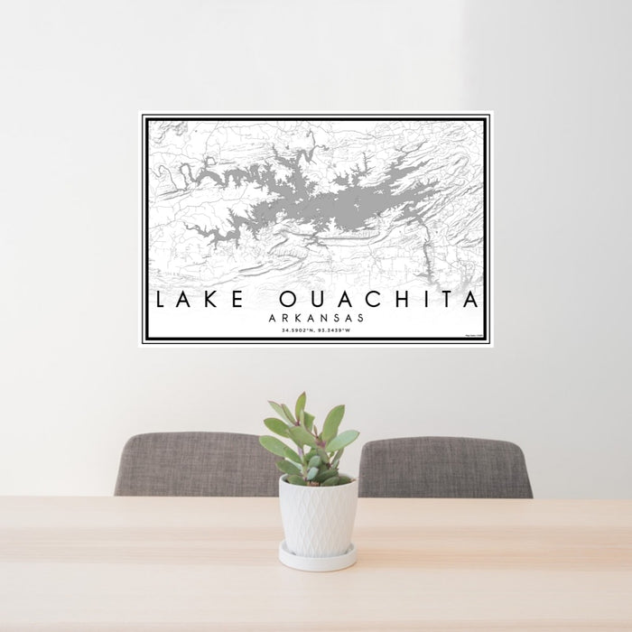 24x36 Lake Ouachita Arkansas Map Print Lanscape Orientation in Classic Style Behind 2 Chairs Table and Potted Plant