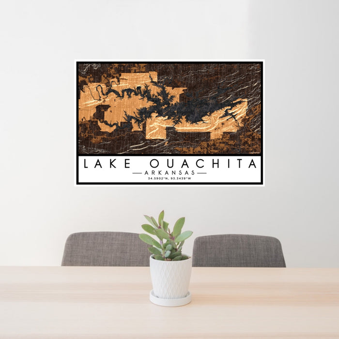 24x36 Lake Ouachita Arkansas Map Print Lanscape Orientation in Ember Style Behind 2 Chairs Table and Potted Plant