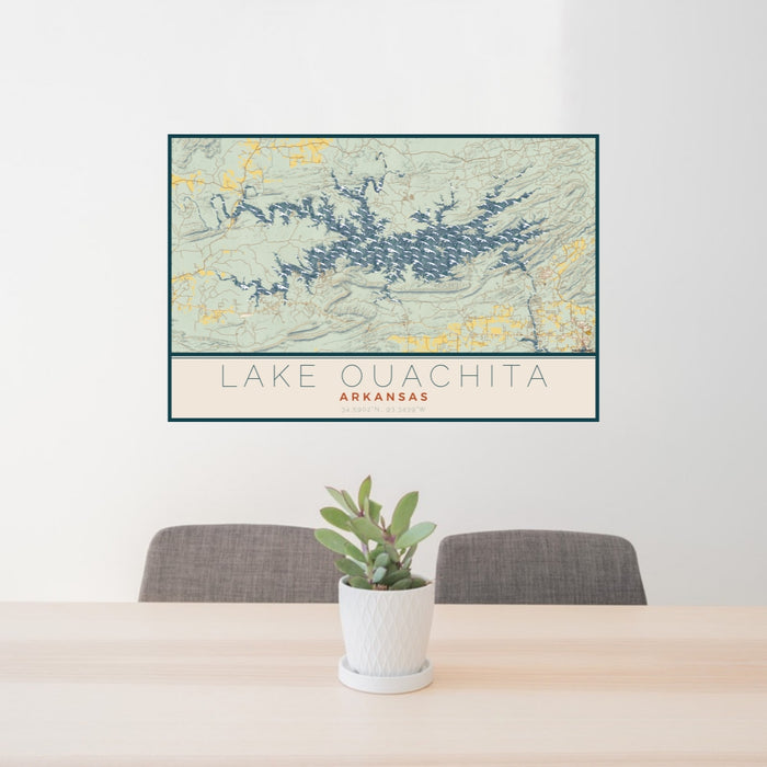24x36 Lake Ouachita Arkansas Map Print Lanscape Orientation in Woodblock Style Behind 2 Chairs Table and Potted Plant