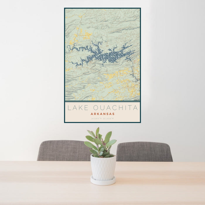 24x36 Lake Ouachita Arkansas Map Print Portrait Orientation in Woodblock Style Behind 2 Chairs Table and Potted Plant
