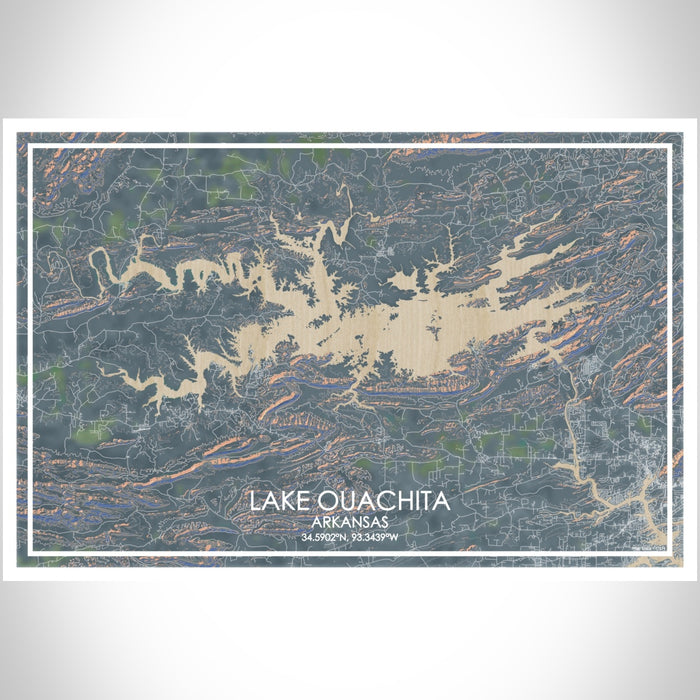 Lake Ouachita Arkansas Map Print Landscape Orientation in Afternoon Style With Shaded Background