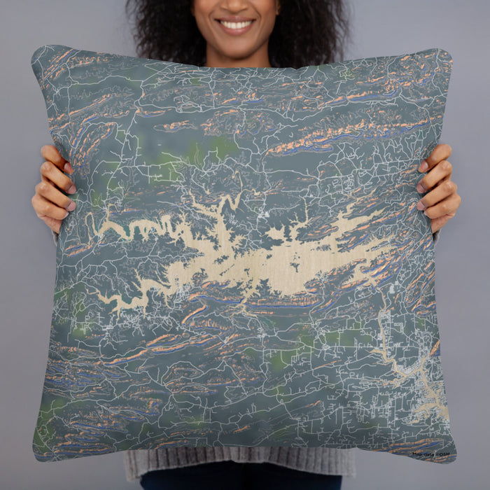 Person holding 22x22 Custom Lake Ouachita Arkansas Map Throw Pillow in Afternoon