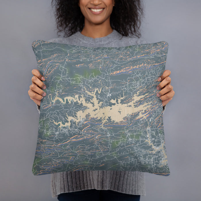 Person holding 18x18 Custom Lake Ouachita Arkansas Map Throw Pillow in Afternoon