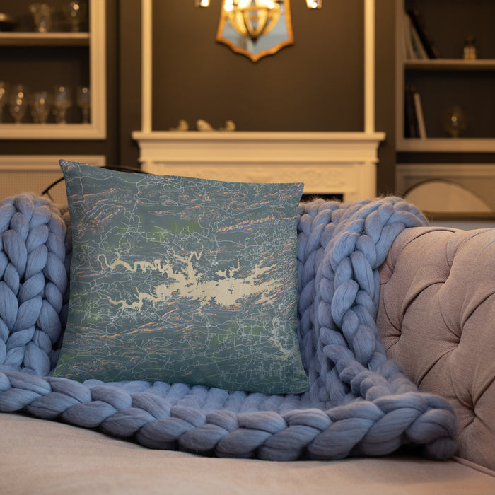 Custom Lake Ouachita Arkansas Map Throw Pillow in Afternoon on Cream Colored Couch