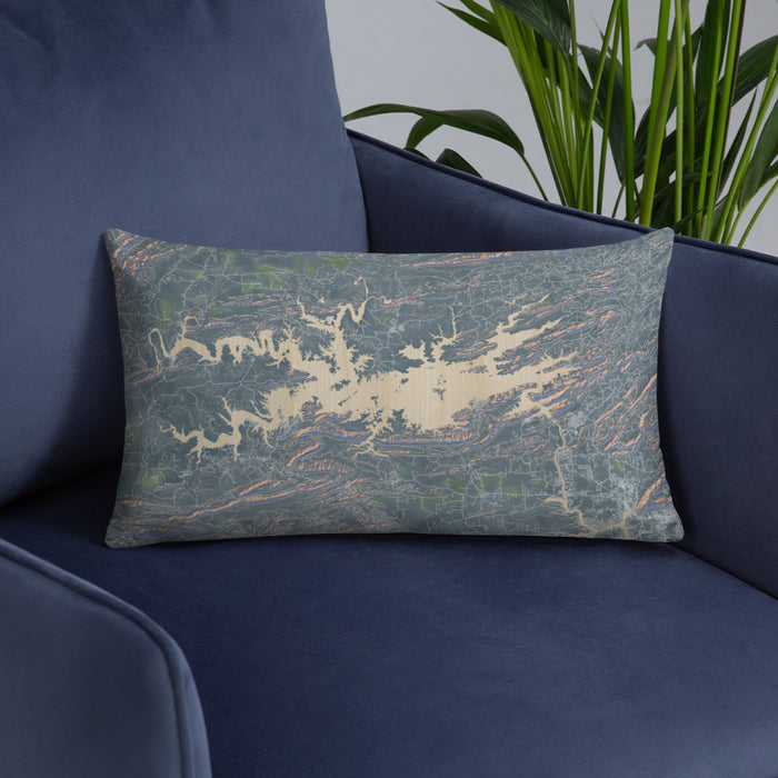 Custom Lake Ouachita Arkansas Map Throw Pillow in Afternoon on Blue Colored Chair