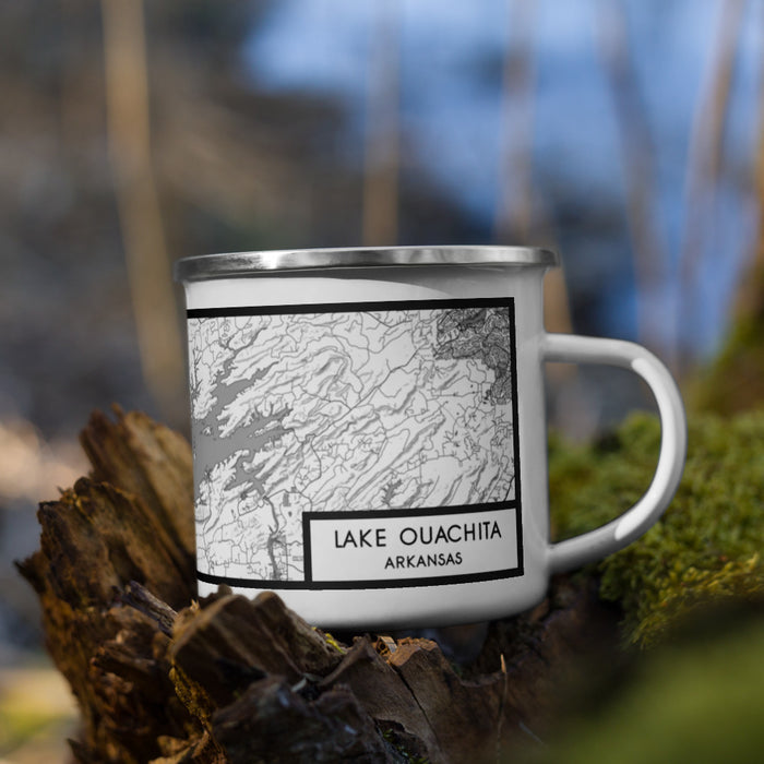 Right View Custom Lake Ouachita Arkansas Map Enamel Mug in Classic on Grass With Trees in Background
