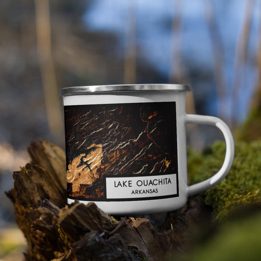 Right View Custom Lake Ouachita Arkansas Map Enamel Mug in Ember on Grass With Trees in Background