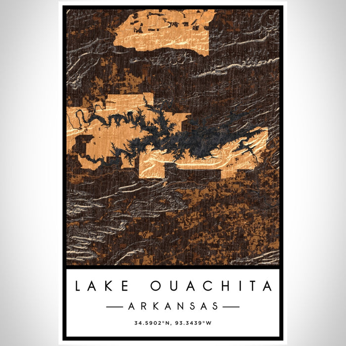 Lake Ouachita Arkansas Map Print Portrait Orientation in Ember Style With Shaded Background