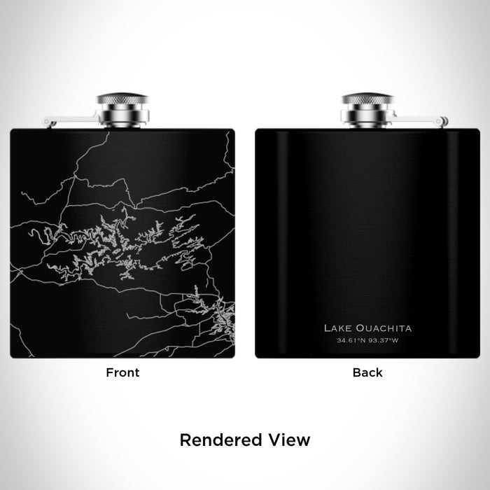 Rendered View of Lake Ouachita Arkansas Map Engraving on 6oz Stainless Steel Flask in Black