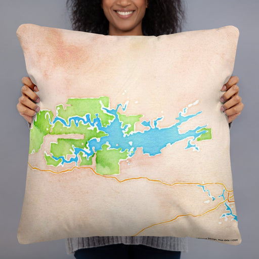 Person holding 22x22 Custom Lake Ouachita Arkansas Map Throw Pillow in Watercolor