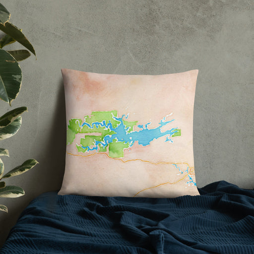 Custom Lake Ouachita Arkansas Map Throw Pillow in Watercolor on Bedding Against Wall