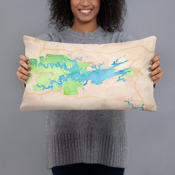 Person holding 20x12 Custom Lake Ouachita Arkansas Map Throw Pillow in Watercolor