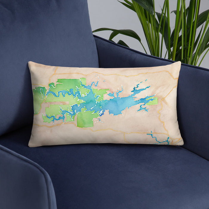 Custom Lake Ouachita Arkansas Map Throw Pillow in Watercolor on Blue Colored Chair