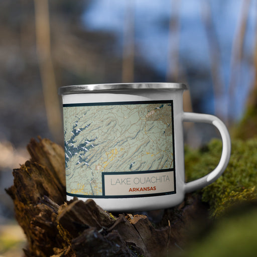 Right View Custom Lake Ouachita Arkansas Map Enamel Mug in Woodblock on Grass With Trees in Background