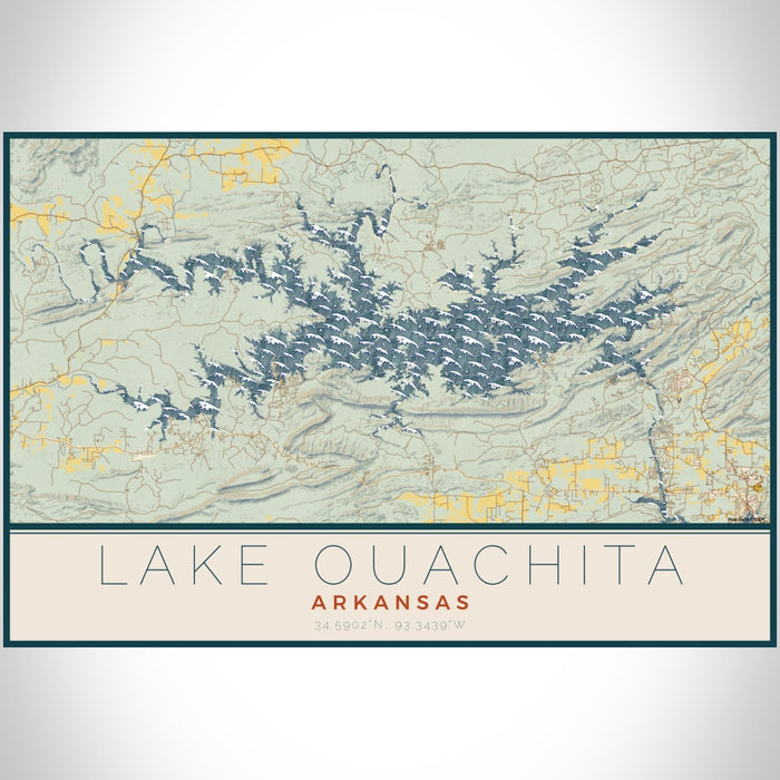 Lake Ouachita Arkansas Map Print Landscape Orientation in Woodblock Style With Shaded Background