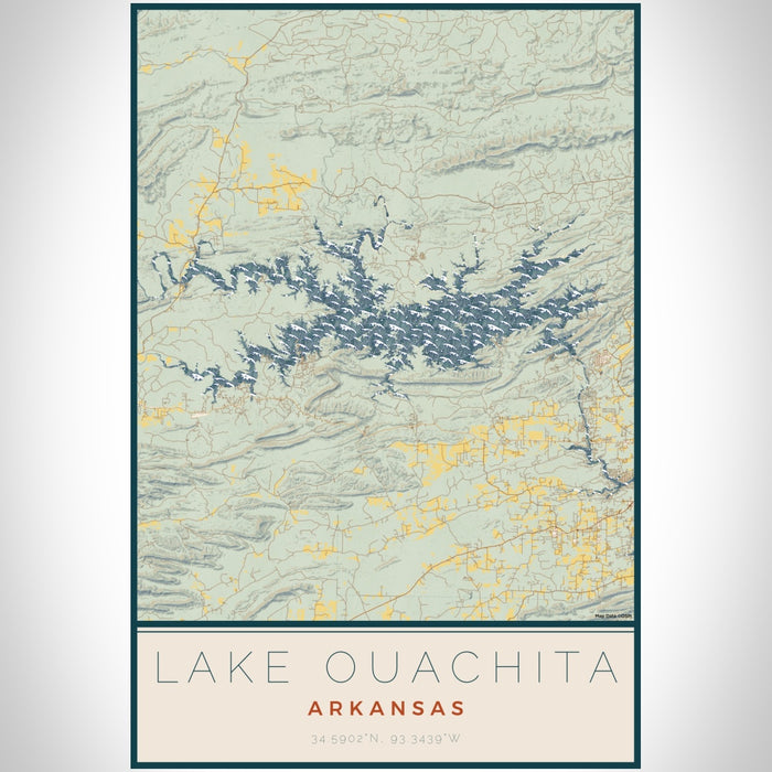 Lake Ouachita Arkansas Map Print Portrait Orientation in Woodblock Style With Shaded Background
