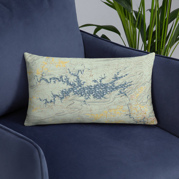 Custom Lake Ouachita Arkansas Map Throw Pillow in Woodblock on Blue Colored Chair