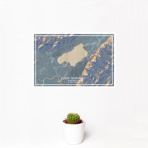 12x18 Lake Quinault Washington Map Print Landscape Orientation in Afternoon Style With Small Cactus Plant in White Planter