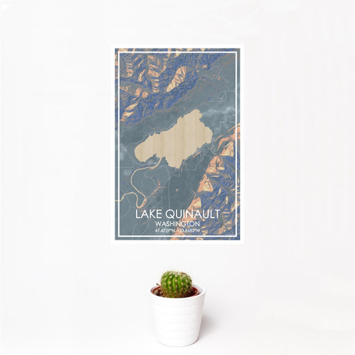 12x18 Lake Quinault Washington Map Print Portrait Orientation in Afternoon Style With Small Cactus Plant in White Planter