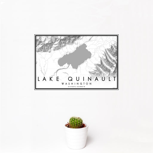 12x18 Lake Quinault Washington Map Print Landscape Orientation in Classic Style With Small Cactus Plant in White Planter