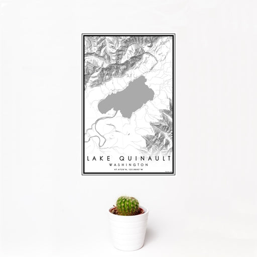 12x18 Lake Quinault Washington Map Print Portrait Orientation in Classic Style With Small Cactus Plant in White Planter