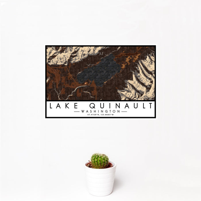 12x18 Lake Quinault Washington Map Print Landscape Orientation in Ember Style With Small Cactus Plant in White Planter