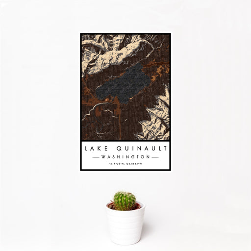 12x18 Lake Quinault Washington Map Print Portrait Orientation in Ember Style With Small Cactus Plant in White Planter