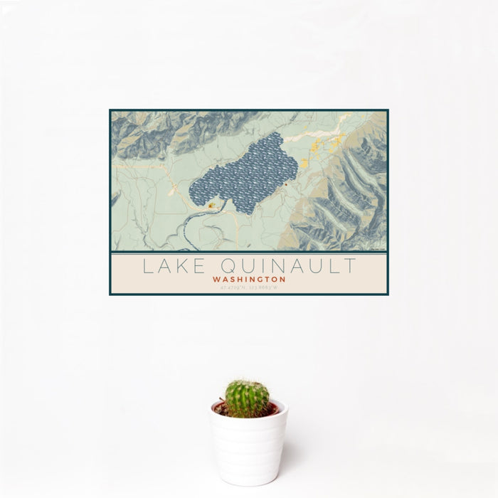 12x18 Lake Quinault Washington Map Print Landscape Orientation in Woodblock Style With Small Cactus Plant in White Planter