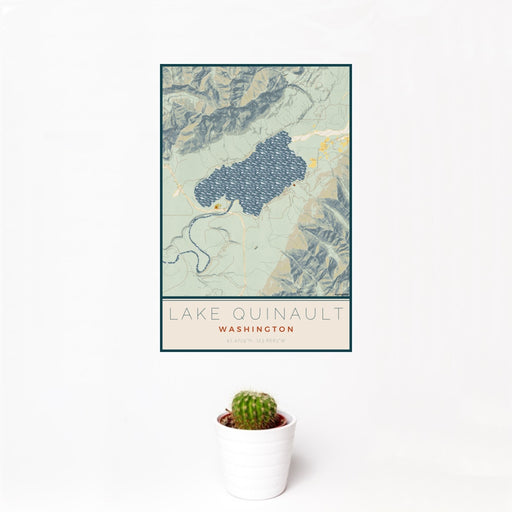 12x18 Lake Quinault Washington Map Print Portrait Orientation in Woodblock Style With Small Cactus Plant in White Planter