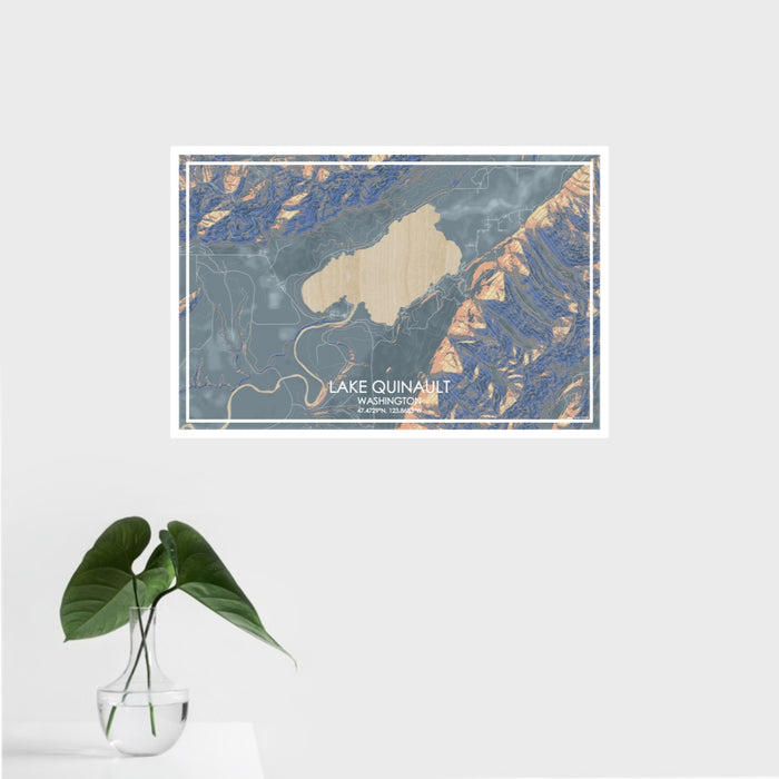 16x24 Lake Quinault Washington Map Print Landscape Orientation in Afternoon Style With Tropical Plant Leaves in Water