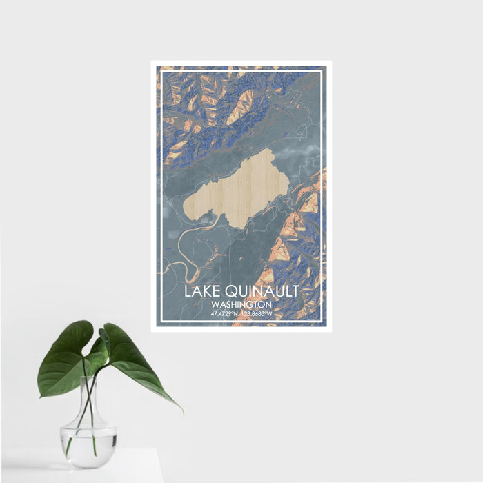 16x24 Lake Quinault Washington Map Print Portrait Orientation in Afternoon Style With Tropical Plant Leaves in Water