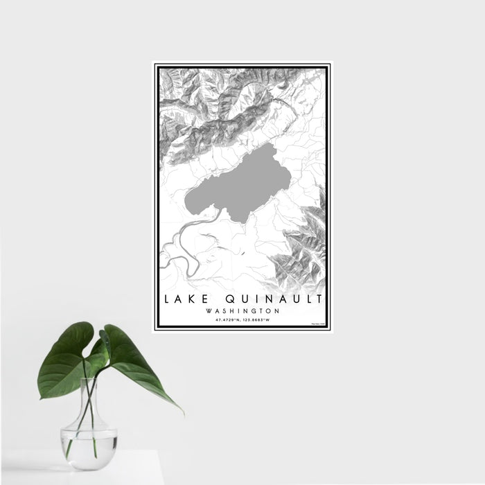 16x24 Lake Quinault Washington Map Print Portrait Orientation in Classic Style With Tropical Plant Leaves in Water