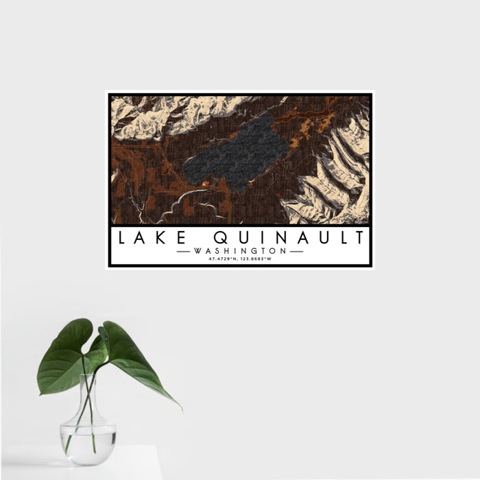 16x24 Lake Quinault Washington Map Print Landscape Orientation in Ember Style With Tropical Plant Leaves in Water