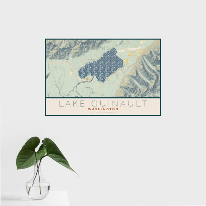 16x24 Lake Quinault Washington Map Print Landscape Orientation in Woodblock Style With Tropical Plant Leaves in Water