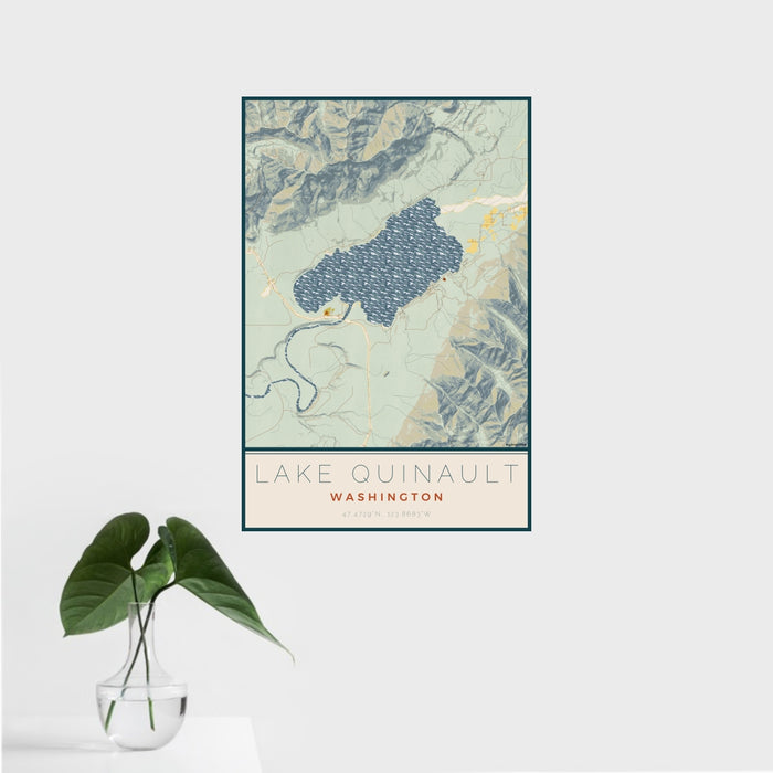 16x24 Lake Quinault Washington Map Print Portrait Orientation in Woodblock Style With Tropical Plant Leaves in Water