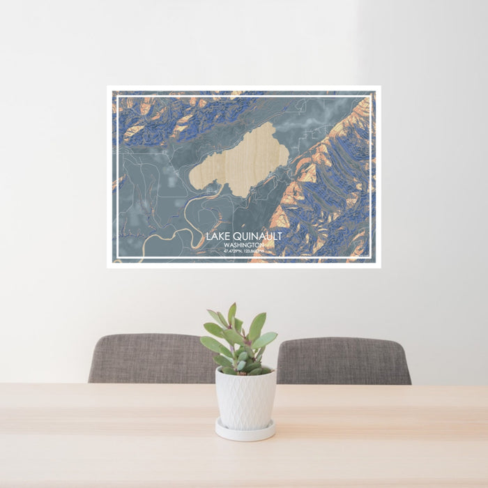 24x36 Lake Quinault Washington Map Print Lanscape Orientation in Afternoon Style Behind 2 Chairs Table and Potted Plant