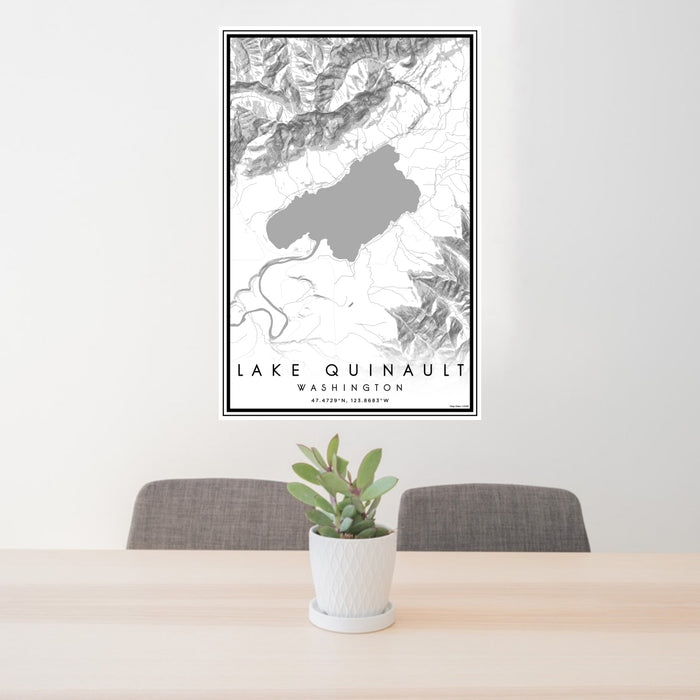 24x36 Lake Quinault Washington Map Print Portrait Orientation in Classic Style Behind 2 Chairs Table and Potted Plant