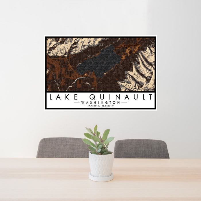 24x36 Lake Quinault Washington Map Print Lanscape Orientation in Ember Style Behind 2 Chairs Table and Potted Plant