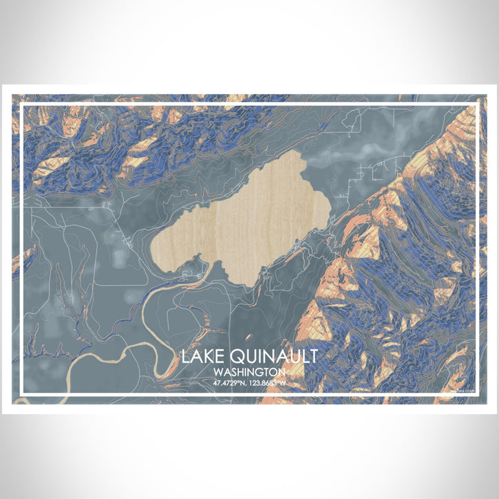 Lake Quinault Washington Map Print Landscape Orientation in Afternoon Style With Shaded Background
