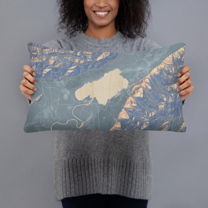 Person holding 20x12 Custom Lake Quinault Washington Map Throw Pillow in Afternoon