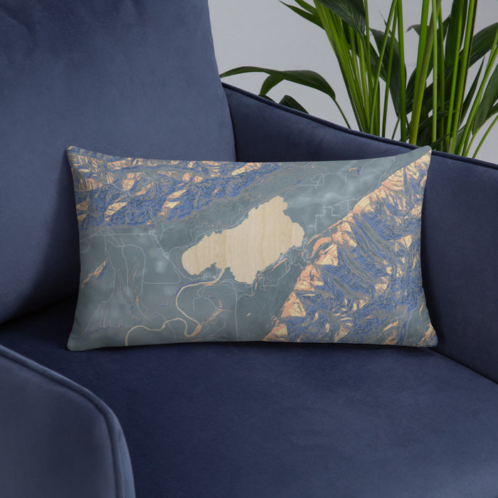 Custom Lake Quinault Washington Map Throw Pillow in Afternoon on Blue Colored Chair