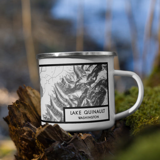 Right View Custom Lake Quinault Washington Map Enamel Mug in Classic on Grass With Trees in Background