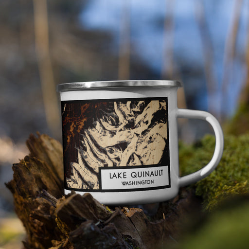 Right View Custom Lake Quinault Washington Map Enamel Mug in Ember on Grass With Trees in Background
